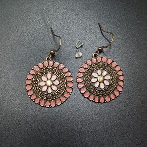 Bronze boho earrings pink flower round mandala jewelry